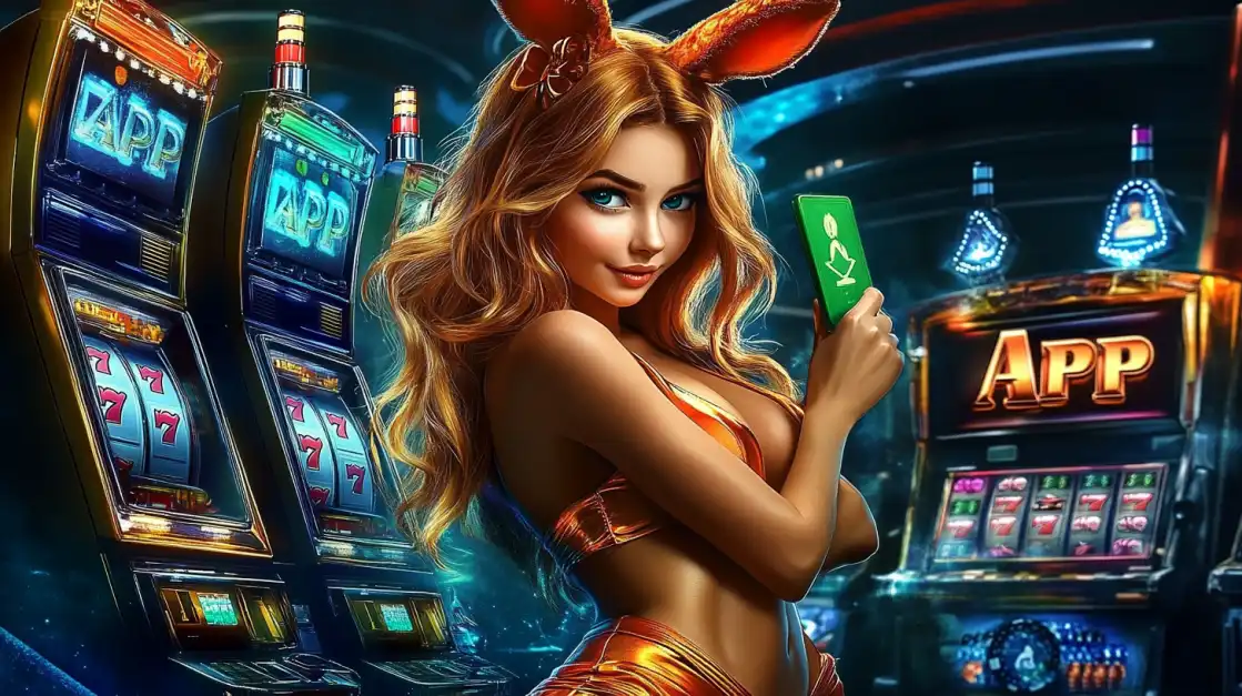 A woman in a bunny costume poses with a green card in front of brightly colored slot machines with glowing APP signs.