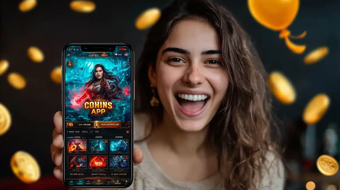 A smiling woman holds a smartphone featuring the COHINS APP game interface, with floating golden coins and festive background elements.