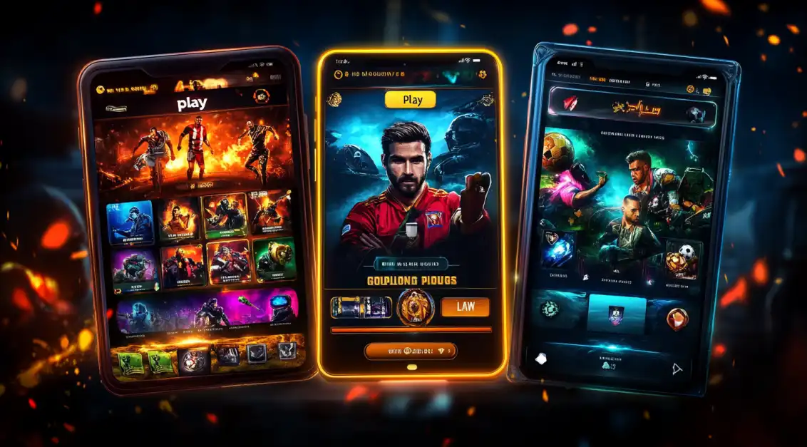 Three smartphones display vivid gaming apps with sports, battle, and fantasy themes on a dark background with glowing ember effects.