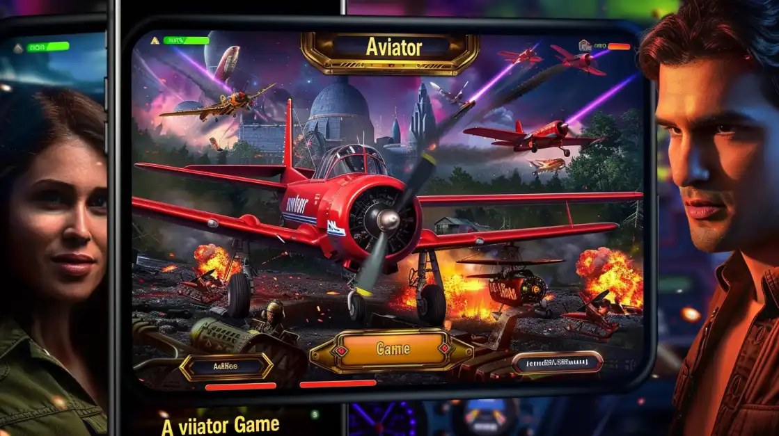 A vivid battle scene featuring fighter planes in the Aviator slot game displayed on a mobile screen with male and female characters on each side.