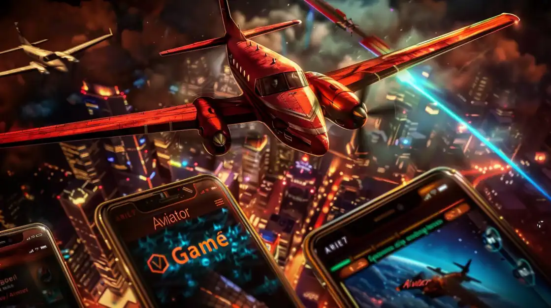 A red airplane flies over a futuristic cityscape surrounded by multiple smartphones displaying the Aviator game app.