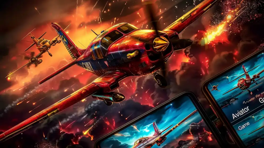 Two fighter planes soar through an explosive sunset sky while game screenshots of the Aviator mobile app appear below.