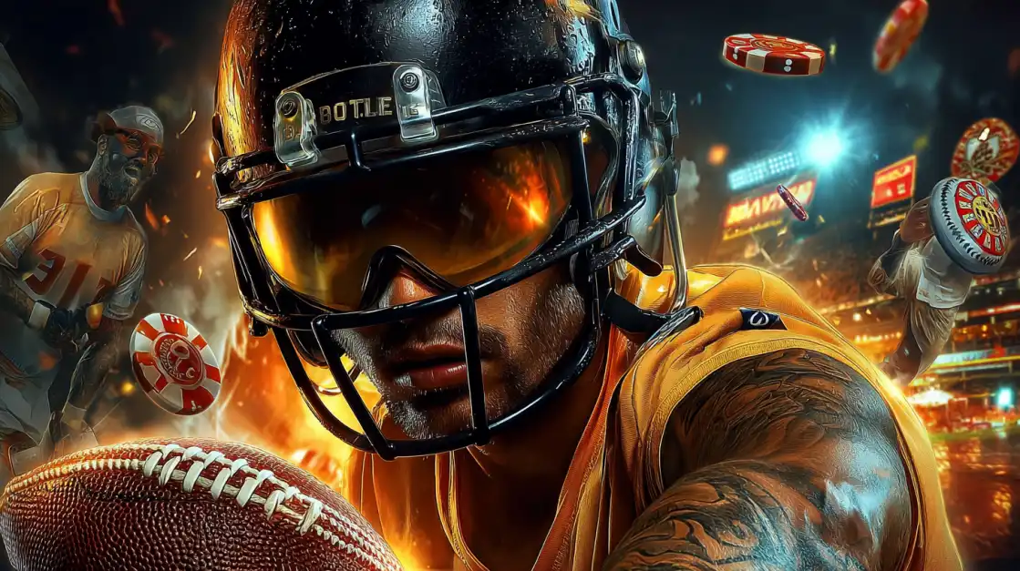 A determined American football player in a helmet holds a ball as casino chips fly through a blazing stadium background.