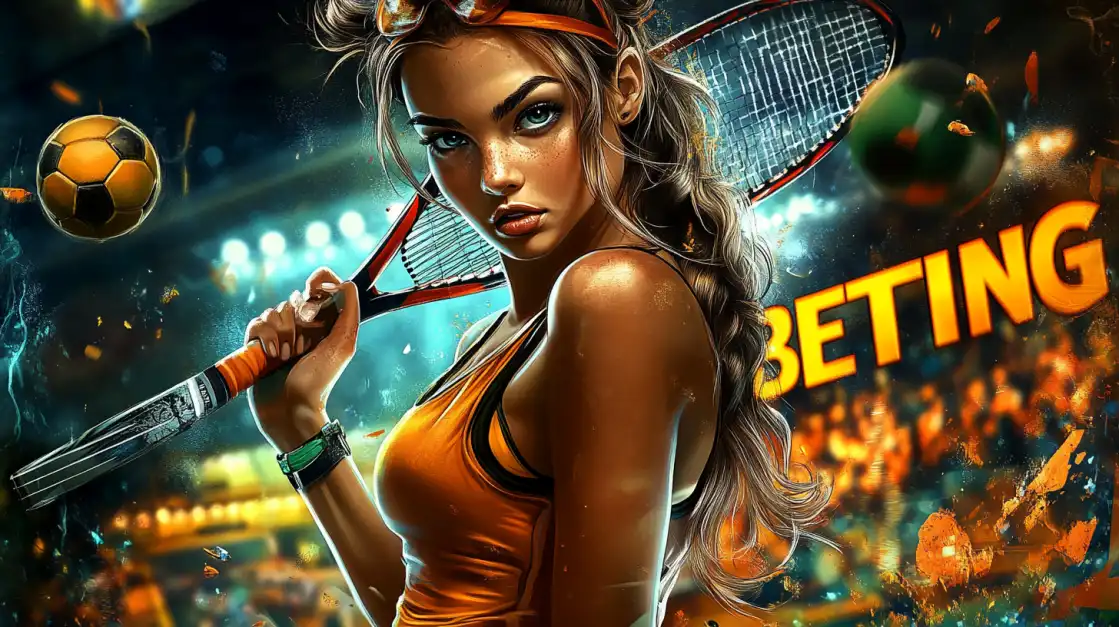 A fierce young woman holding a tennis racket poses in a dynamic sports arena filled with glowing lights and flying balls, with the word BETTING in the background.