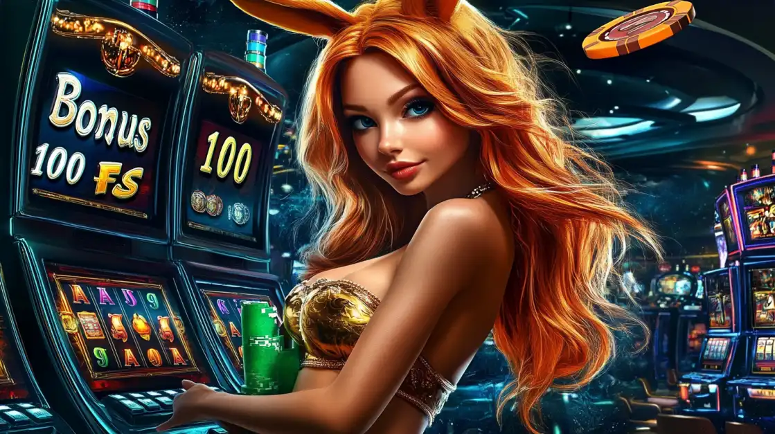 A red-haired woman in a sparkling outfit and bunny ears stands in front of a glowing slot machine offering 100 Bonus FS in a luxurious casino setting.