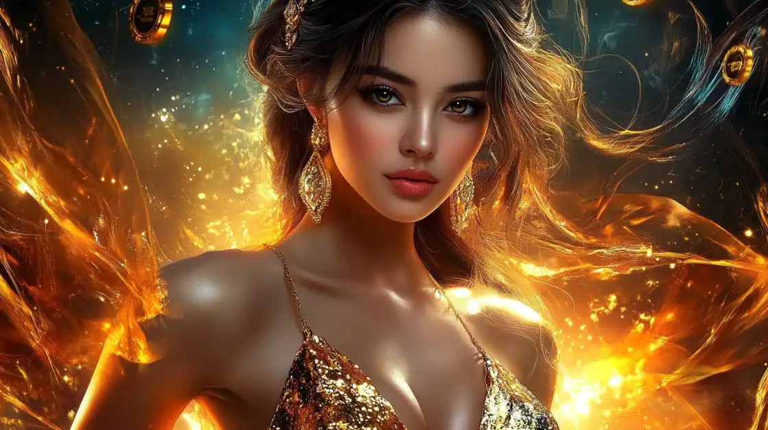 A stunning woman in a shimmering golden dress and earrings stands amid blazing lights and floating coins, resembling a fiery slot goddess.