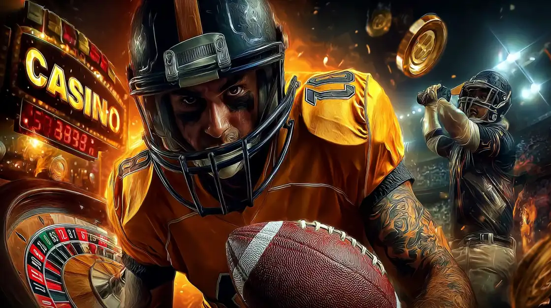 An intense American football player holding a ball runs through a fiery casino-themed background featuring roulette wheels and coin explosions.