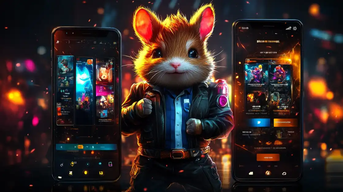 A cute, anthropomorphic hamster in a leather jacket stands confidently between two smartphones displaying colorful game menus and characters.