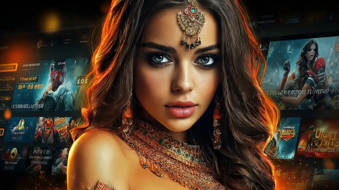 A beautiful woman wearing traditional Indian jewelry and attire stands in front of a digital casino gaming interface glowing with vibrant lights.