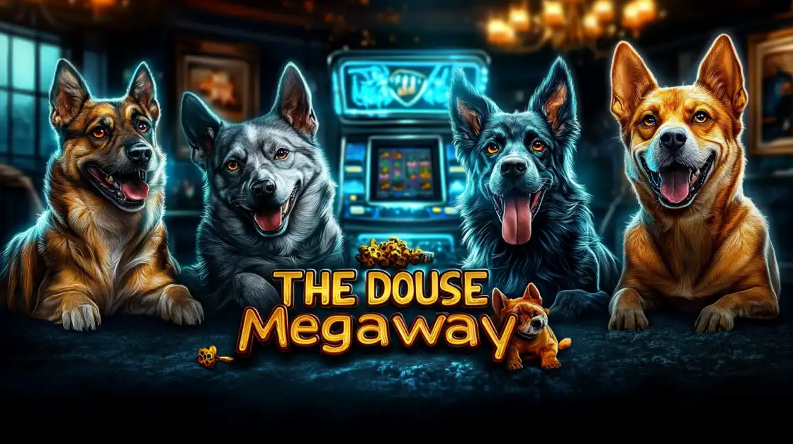Four happy dogs of different breeds sit in front of a glowing slot machine in a cozy room, promoting a game called The Douse Megaway.