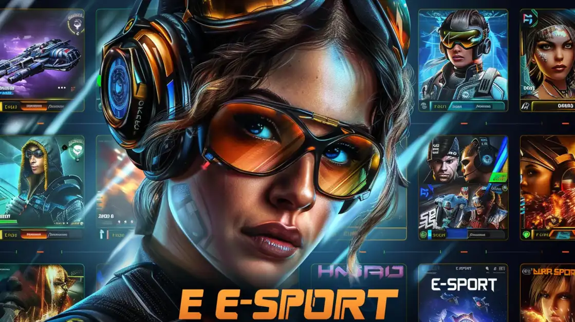 A focused woman in orange-tinted glasses and high-tech headphones is surrounded by digital e-sport character cards and futuristic game interfaces.