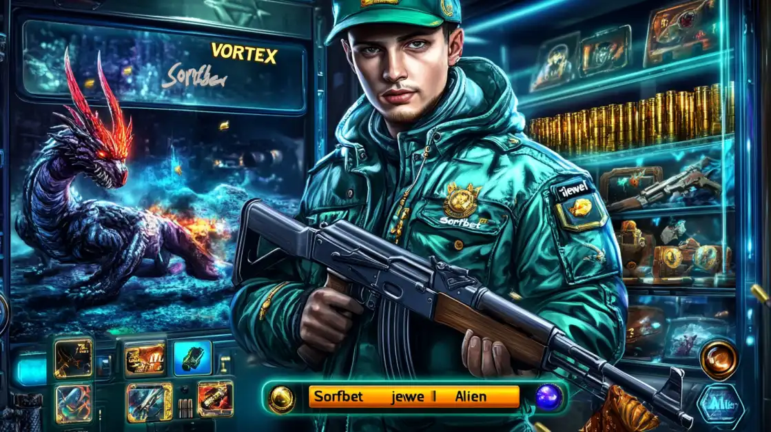 A serious young man in a green uniform and cap holds a rifle in front of a screen showing a dragon and weapons menu in a futuristic slot game titled Vortex.