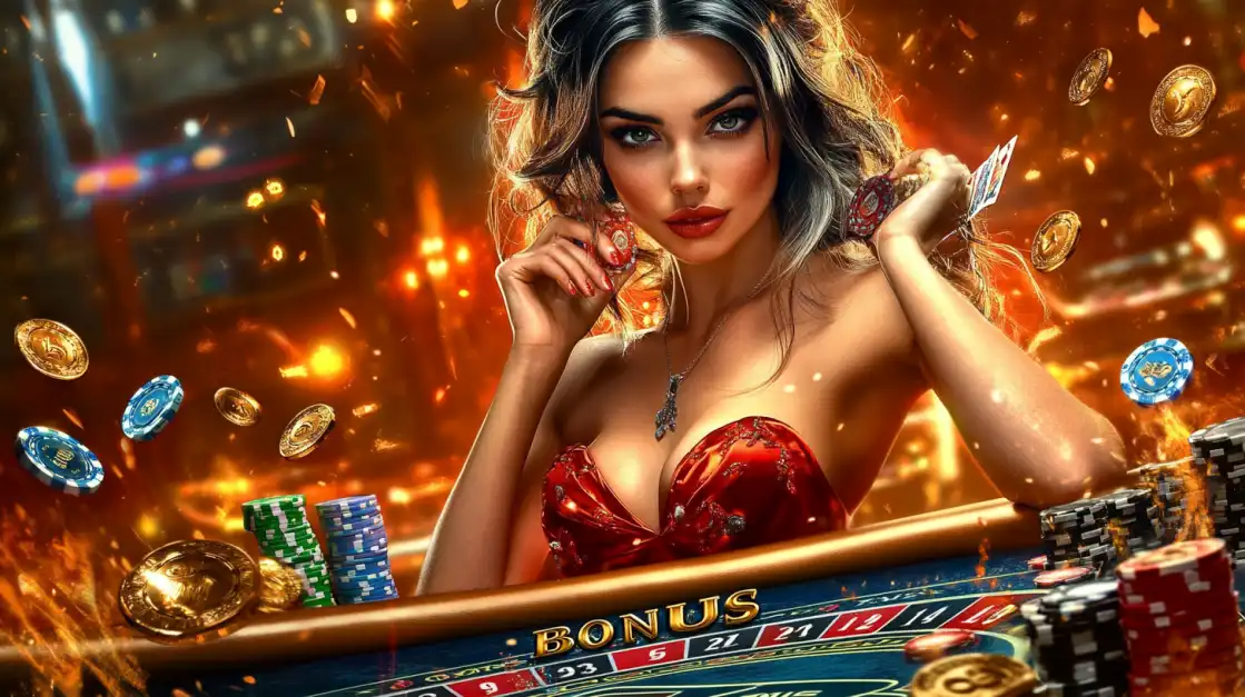 A glamorous woman in a red dress poses at a roulette table with poker chips and gold coins flying through a glowing casino backdrop.