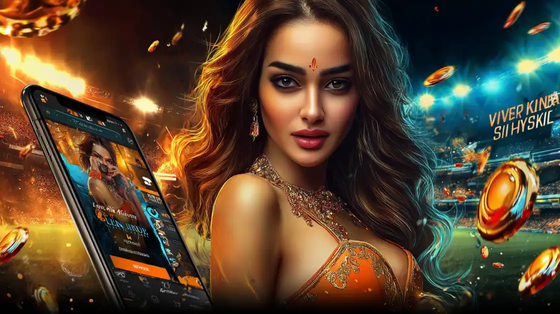 A beautiful woman in traditional Indian attire stands in front of a glowing casino stadium with gold coins floating around her and a mobile app on display.