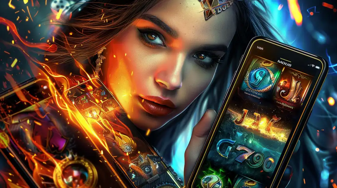 A fierce woman with dramatic makeup and accessories holds a smartphone showcasing a fiery slot machine game interface.