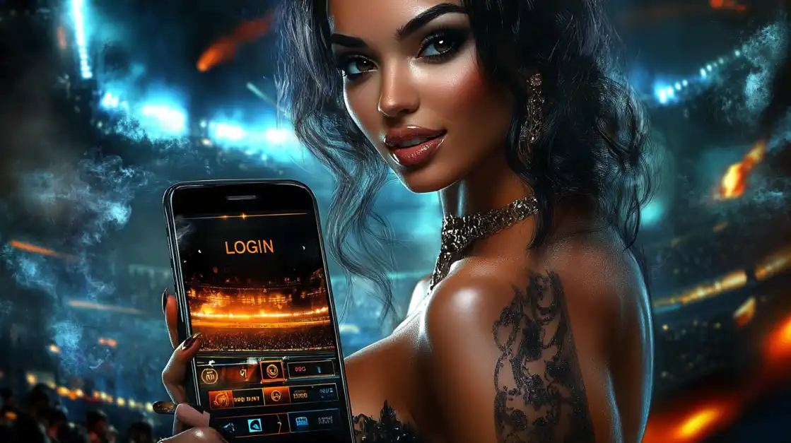 A glamorous woman with a tattoo and elegant jewelry holds a smartphone displaying a casino login screen in a brightly lit stadium setting.