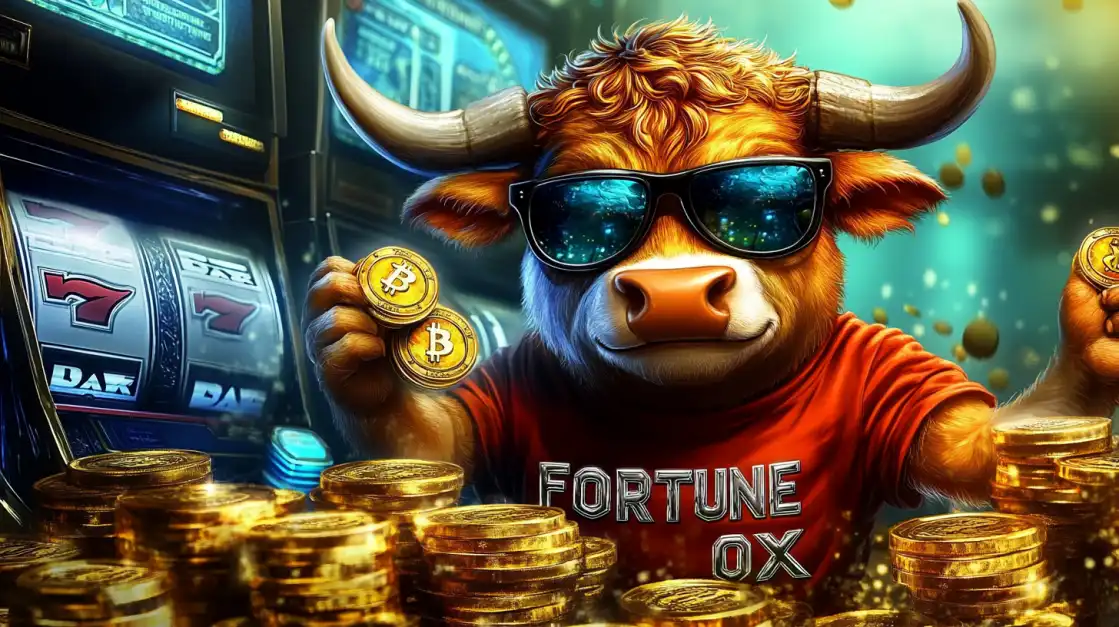 A cool cartoon bull wearing sunglasses and a red shirt labeled 'Fortune Ox' holds up bitcoins, surrounded by piles of gold coins and slot machines.