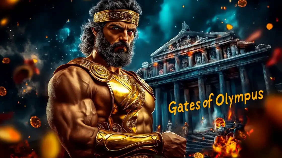 A muscular god-like figure in golden armor stands confidently in front of a burning temple with coins flying through a stormy sky.
